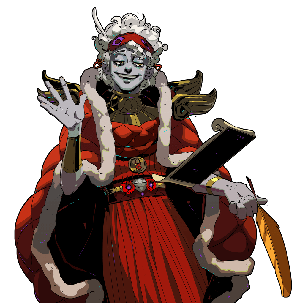 this is a digital illustration of a fantastical character, possibly a king or queen, wearing a flowing, red and gold robe trimmed with white fur. they have a crown of feathers on their head, a mischievous smile on their face, and are holding a quill and scroll. they seem to be in the middle of a gesture, possibly greeting or dismissing someone. their posture and expression exude a sense of royalty and power. the character is expertly rendered, with attention to detail and a dramatic lighting effect. the overall style is reminiscent of video game character design, with a blend of whimsy and grandeur.