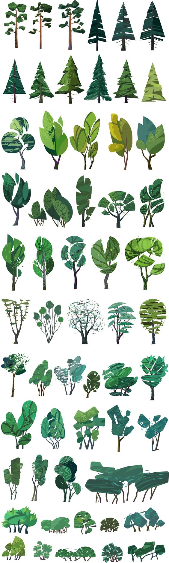 a cartoon illustration of various trees and plants in different shades of green.