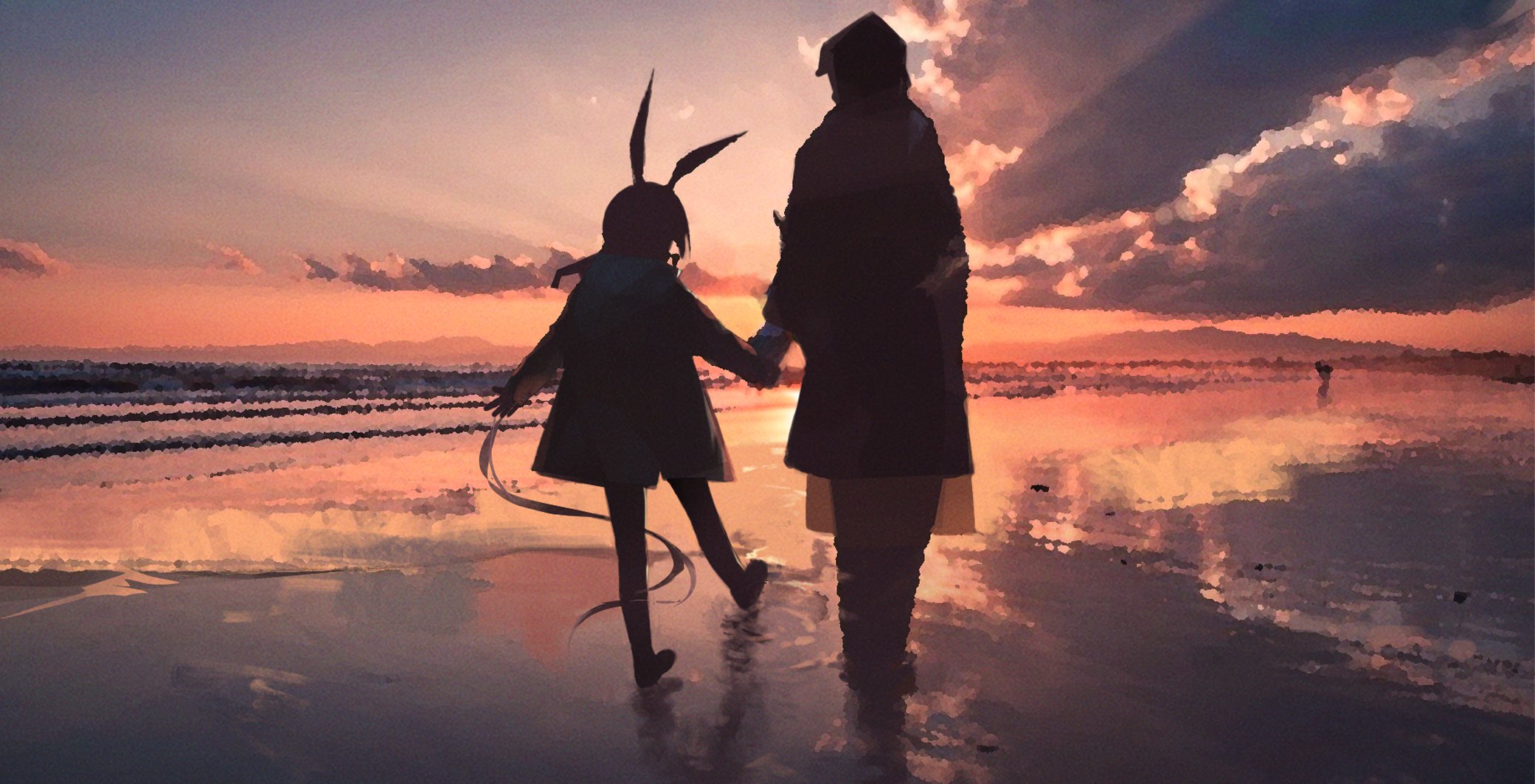 an image depicts a silhouette of a child with bunny ears holding hands with an adult figure, both standing on a beach at sunset. the warm colors of the sunset reflect on the wet sand, creating a mirrored effect. clouds are visible in the sky. the scene has an anime or painterly style.
