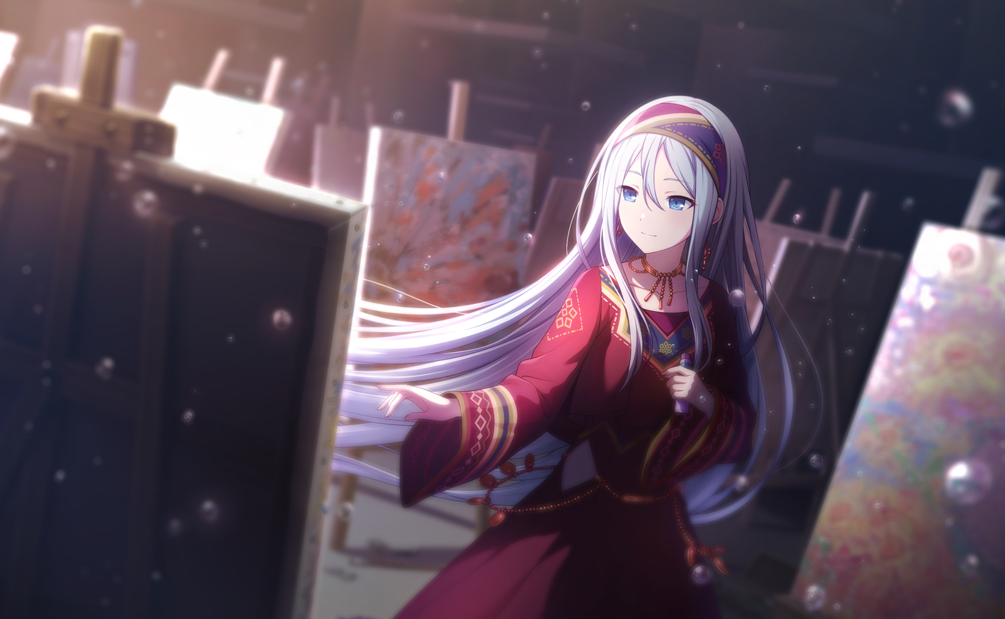an anime style image of a woman with long white hair and blue eyes wearing a red dress with golden accents and a matching headscarf and jewelry. she is surrounded by paintings on easels and there are bubbles floating in the air. she appears to be an artist in her studio.