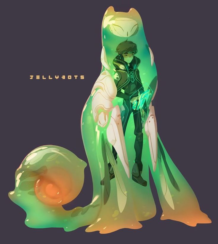 the image is a digital illustration featuring a young boy in futuristic armor seemingly encased within a large, amorphous, bioluminescent jellylike creature. the creature is primarily green and orange, with a translucent quality that allows the boy inside to be clearly visible. the boy is dressed in dark clothing with lighter accents and what seems to be a technological device in his hand. the creature has a doglike form, and the overall style is a blend of anime/manga aesthetics with science fiction elements. the artist's signature "jellybots" is visible in the background. the artwork has a smooth, polished, and vibrant feel to it.