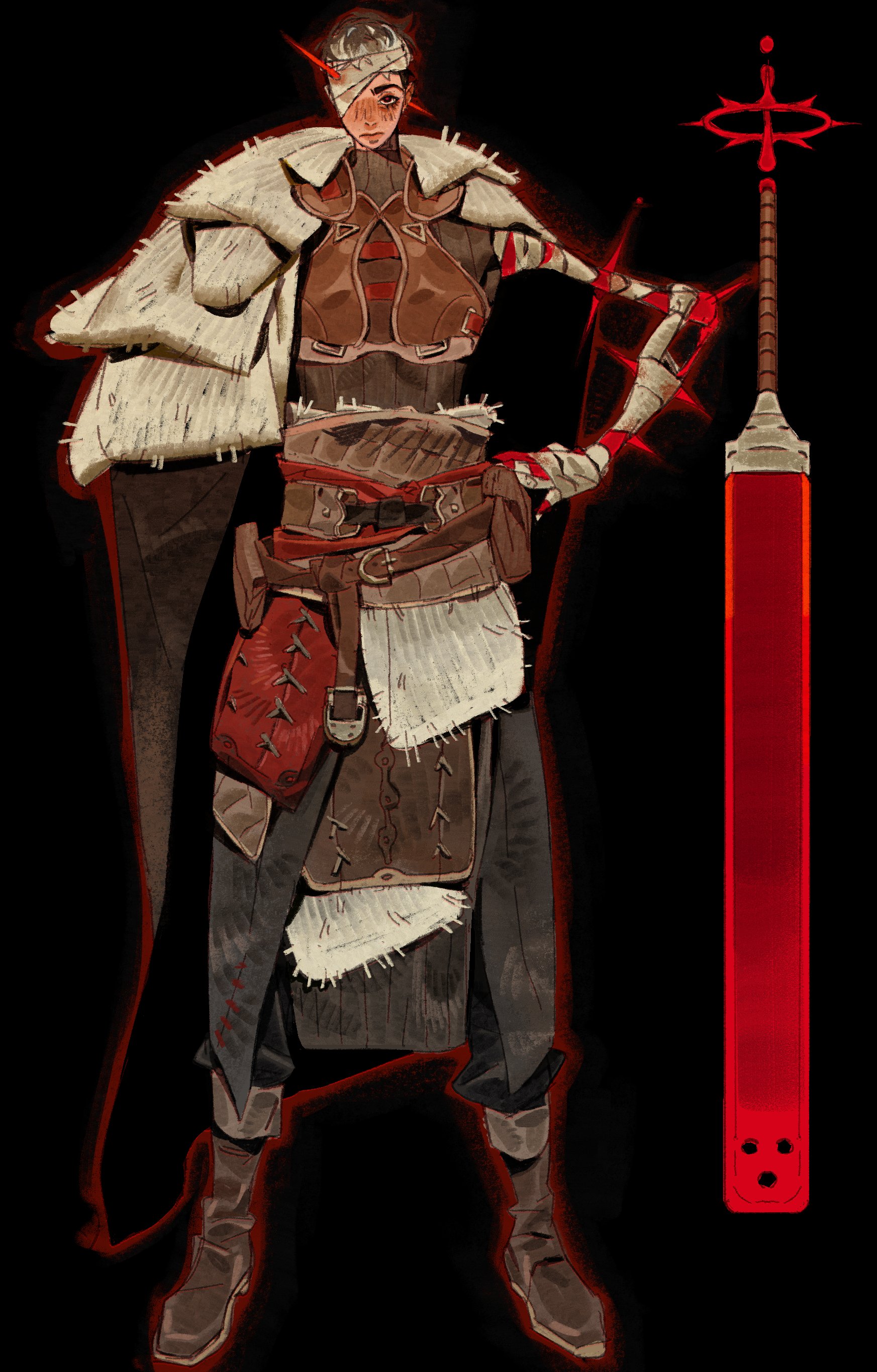 the image is a digital illustration or concept art depicting a female fantasy warrior. she is dressed in a mix of medievalstyle clothing and armor. her outfit is worn and tattered, suggesting a battleworn appearance. bandages adorn her arms and head, hinting at injuries. she's holding a unique, long, spiked, and glowing red sword. the overall aesthetic is dark fantasy, with a focus on a color palette dominated by browns, reds, and blacks. the art style is detailed yet painterly, with visible brush strokes. the character's expression is stoic or serious.  the background is black, allowing the figure and her weapon to stand out.