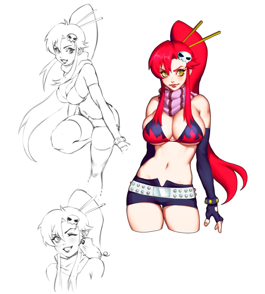 this image contains a threestep anime character design. there are two sketches, one full body and one portrait, alongside a completed illustration. all three feature the same female character with long red hair and a skull hairclip. the completed illustration is colored and shaded, while the sketches are black and white line art.