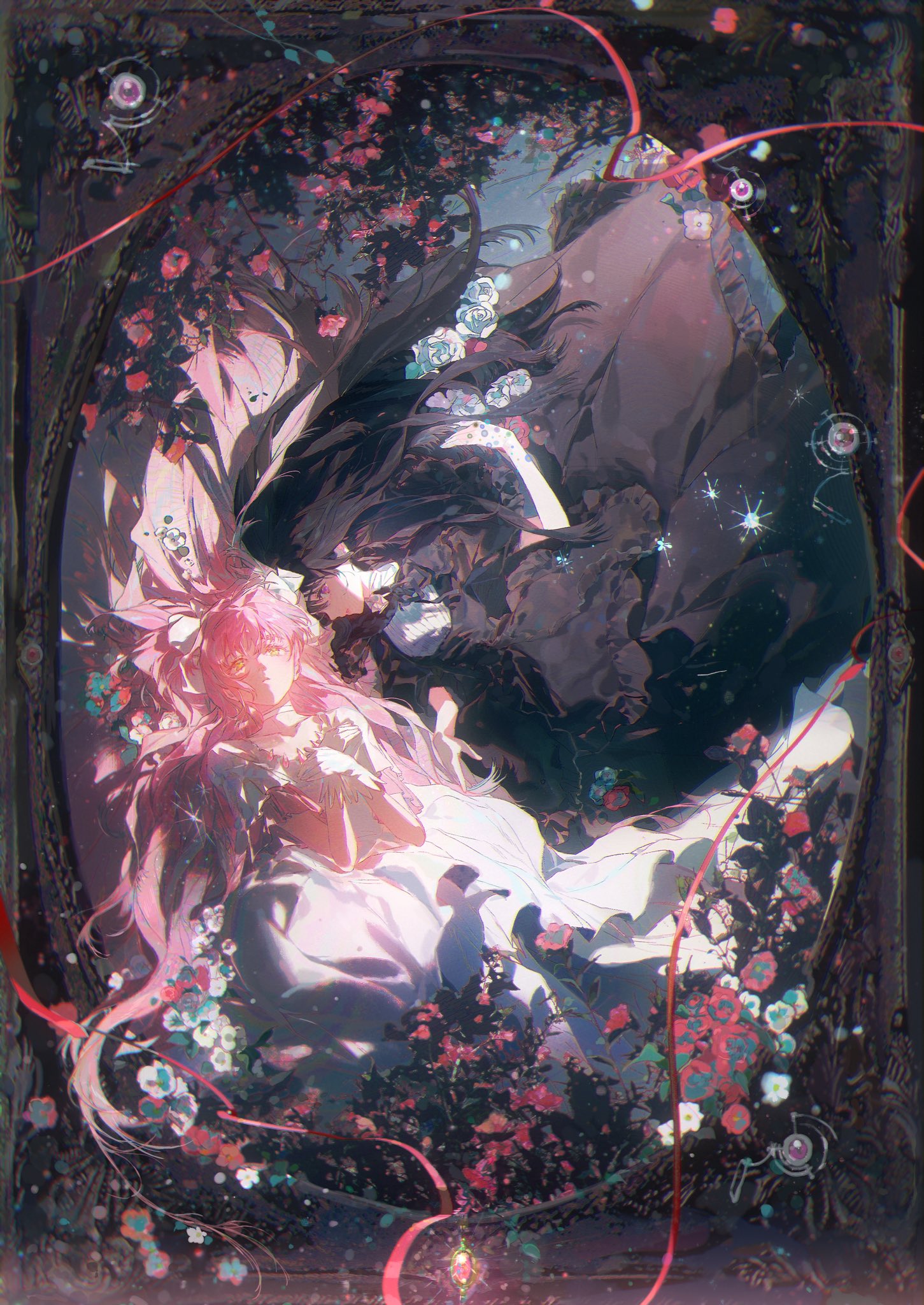 this is a digital illustration of two anime girls. the girl on top is wearing a long black dress with white trim and has long black hair. she has a red ribbon tied around her hair. the girl on the bottom is wearing a long white dress with pink flowers and has long pink hair. she is laying on the floor in a relaxed pose. the girls are surrounded by red ribbons, pink flowers, and flower petals. the background is a mirror with a gold frame. the image is set in a fantasy world.
