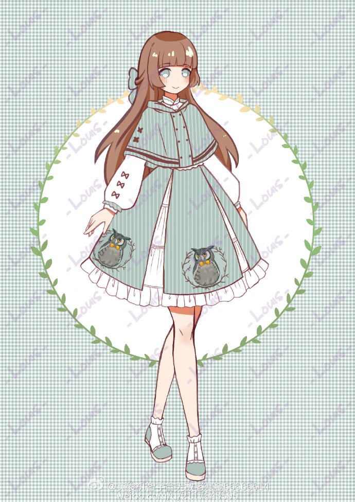 the illustration showcases a digital drawing of a girl, stylized in a lolita fashion aesthetic. she is positioned facing forward, with her long brown hair styled with a blue ribbon. the girl is wearing a charming outfit: a white dress with green gingham detailing and owl embroidery, layered with a matching green cape adorned with white buttons. the art style is soft and delicate, emphasizing the cuteness of the design.  the background features a faded floral pattern in a soft bluegreen hue, complementing the character's attire.