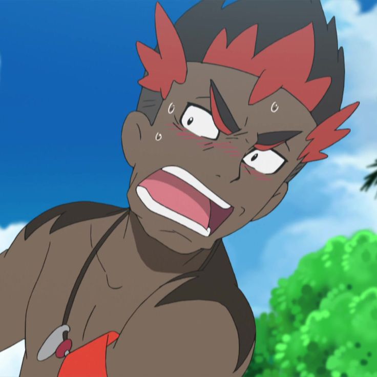 the image shows an anime cartoon male character looking surprised and scared. he has red hair, brown skin and is wearing a red bracelet. he is standing in front of a blue sky and green grass background. the character is looking at something off camera, with a very shocked expression.