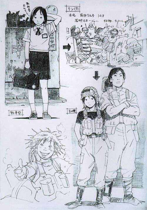 this is a sketch of multiple anime characters for a manga. one is a female student with short hair, she is holding a briefcase and standing next to a pillar. next to her, there are three people wearing military uniforms; one appears to be a young girl wearing a helmet and the other two are older looking, one standing with his hands on his chest and the other, seemingly younger looking, is standing to his right,  both of them are holding guns. in the upper right corner of the image, there is a tank with a person sitting on it and an explosion behind it. the sketch is drawn with pencil, with a lot of detail in the characters' features and clothing.