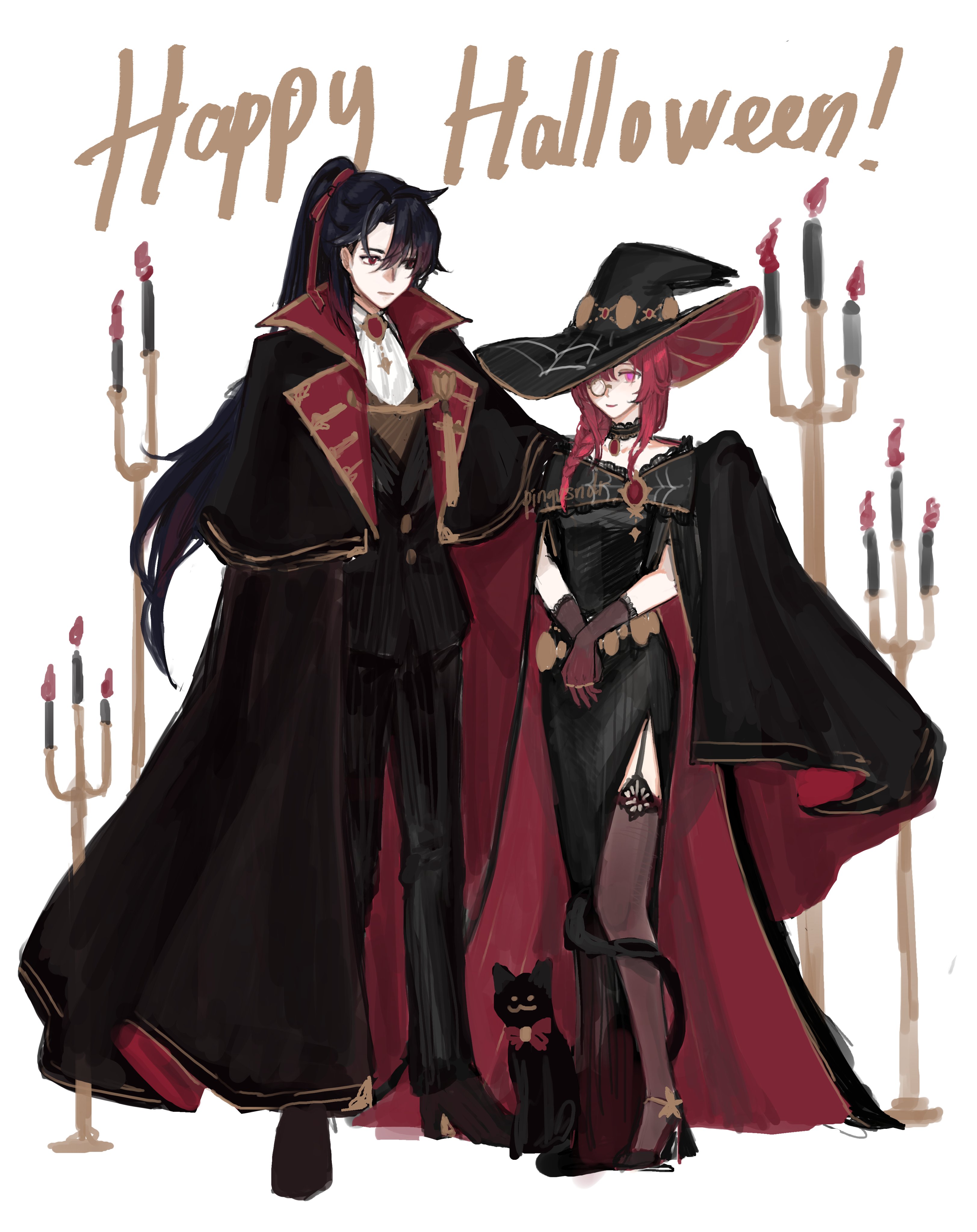 a couple dressed up in halloween costumes stand together with a black cat in front of a spooky backdrop. the woman is dressed as a witch with a black dress and a witch's hat, while the man is dressed as a vampire in a black suit with a red cape. the candles on either side of them add a spooky atmosphere to the image.