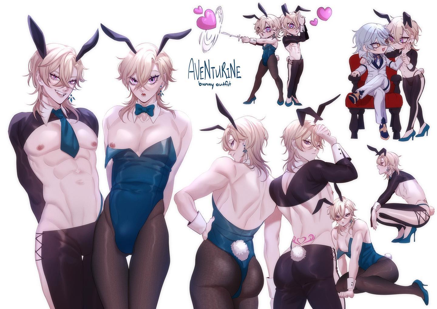 this is an anime drawing of 9 different men in bunny costumes. the men are all wearing various bunny costumes, some more revealing than others. they are all smiling and looking very happy in their costumes. the artwork is drawn in a vibrant and colorful style, with lots of detail in the clothing and accessories. the background is simple and white, which helps to draw attention to the characters.