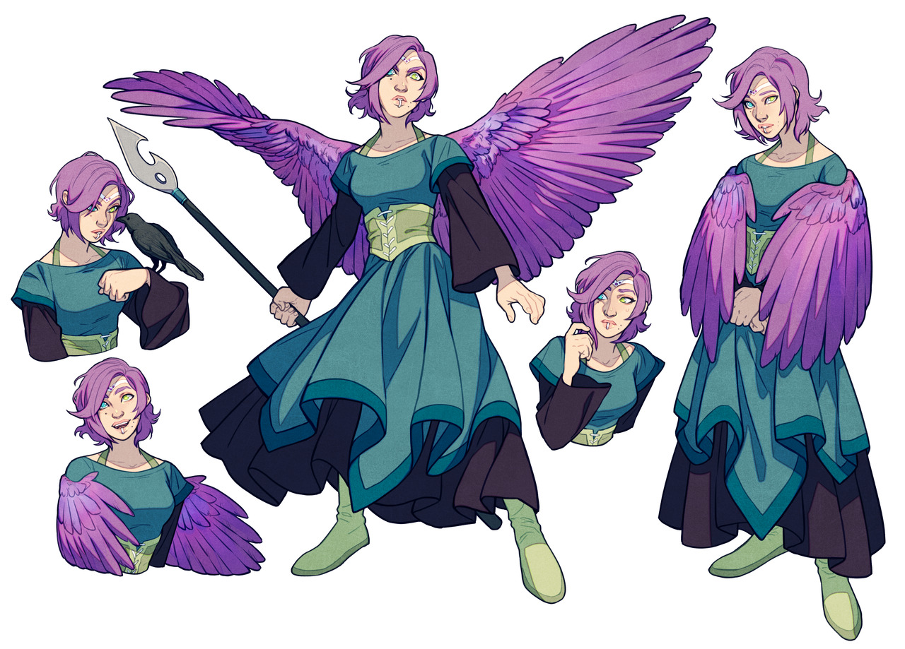the image showcases a character design of a female warrior angel with purple wings. she is depicted in various poses and expressions, highlighting her attire, weaponry, and companion raven.  she has short purple hair and wears a teal and dark teal dress with a corset. in one hand, she holds a spear, and in another, she perches a black raven. overall, the image presents a dynamic and captivating character concept.