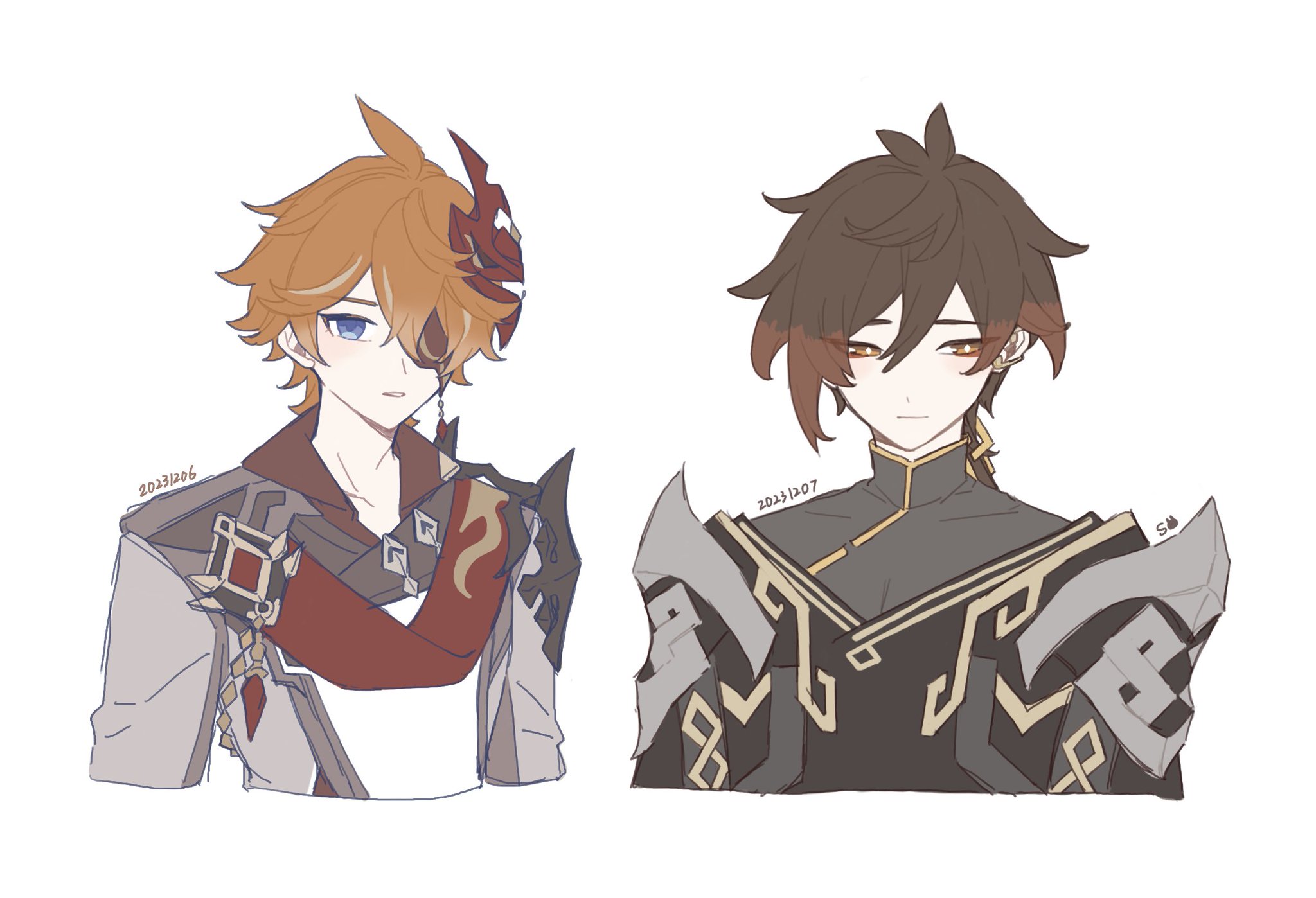 he image features fanart of two male characters, seemingly from the game genshin impact. they are depicted in a sidebyside portrait style. the character on the left has orange hair, an eyepatch, and wears a grey and red outfit with hints of gold. the character on the right has brown hair with hints of orange and is dressed in black clothing with gold detailing and grey shoulder armor. both characters are drawn in a stylized anime/manga style, with soft lines and pastel coloring. the artist's signature and date are subtly included in the artwork.