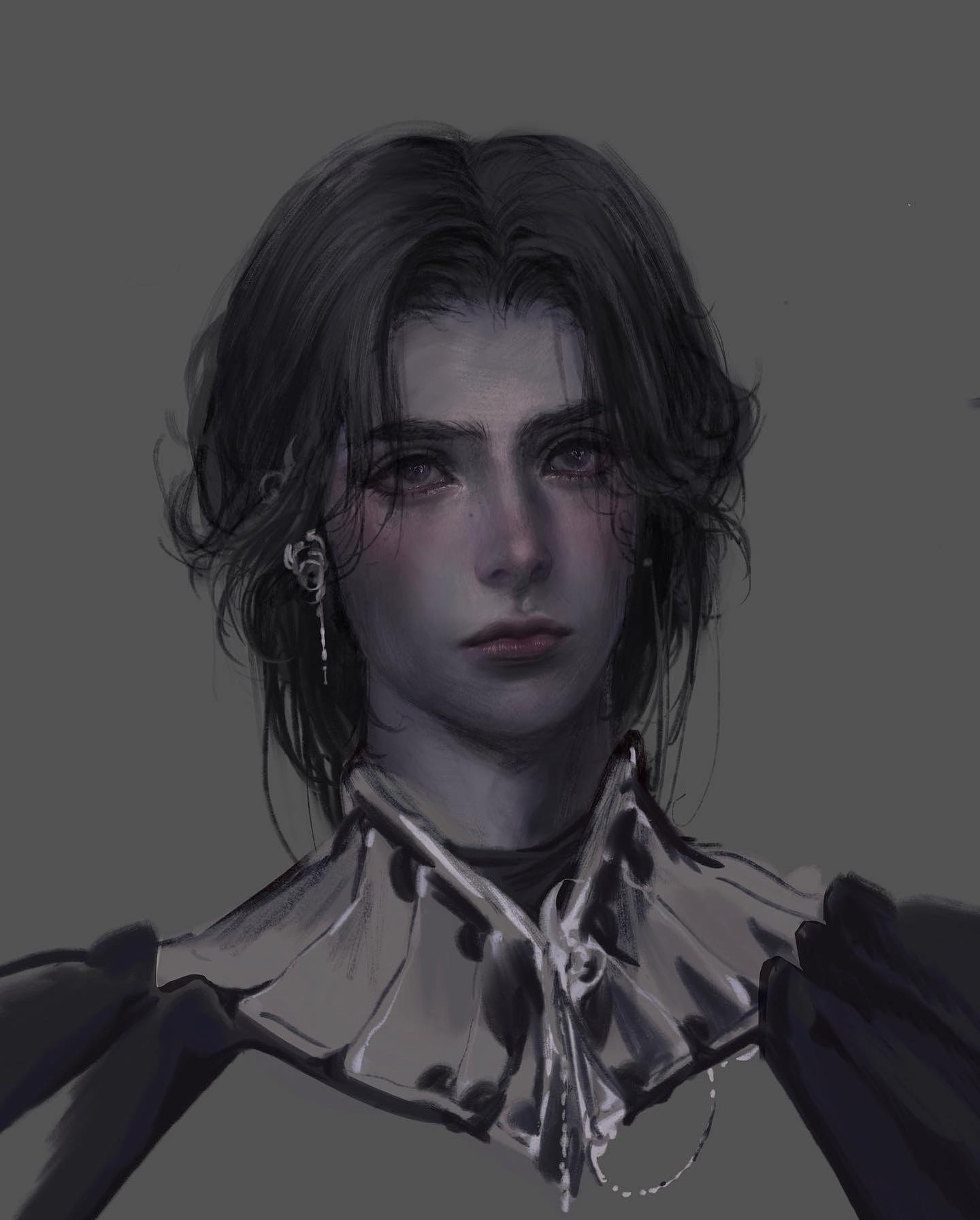 this is a digital painting of a young man with long, dark hair and a pale complexion. he is wearing a dark, ornate collar and a black cloak. he has a melancholic expression on his face. the painting has a soft, ethereal quality.