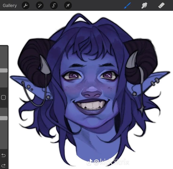 a digital drawing of a blueskinned cartoon character. the character is depicted as a young female with long purple hair, large ears, and horns. she is smiling with a toothy grin. the character is drawn in an anime style.