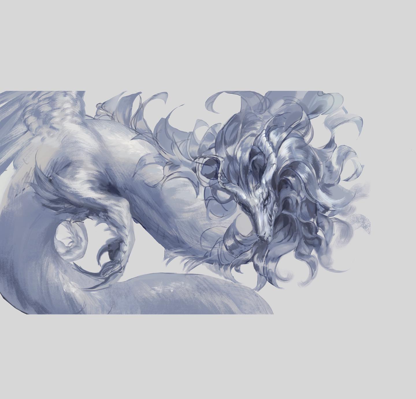 a pale blue dragon is depicted from the shoulders up, facing right, against a plain gray background. its body is long and serpentine, covered in fur instead of scales. it has a thick, flowing mane, large feathery wings (partially out of frame on the left), and sharp claws. the style is loose and painterly, with visible brushstrokes.