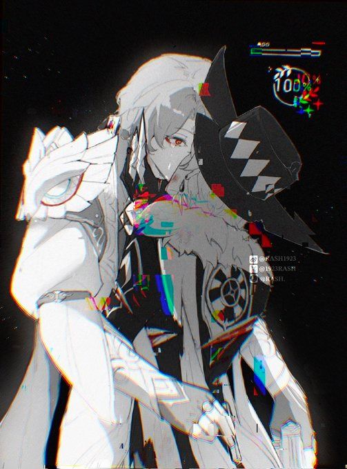 he image is a digital fanart depicting two animestyle male characters. the style is heavily stylized with a monochrome base overlaid with a glitch effect creating a grayscale image with splashes of color. one character is wearing white clothing with ornate details, while the other wears dark clothing with a distinctive checkered hat. they are embracing closely, with the character in white appearing to be comforting the other. the overall mood is melancholic and emotional, with the glitch effect adding to the sense of unease or digital distortion. the background is a simple black, drawing attention to the figures in the foreground. there's a "100%" graphic overlay which suggests a completion or accomplishment, possibly within a game context.  the image feels very artistic and expressive, playing with contrasting elements like light and dark, soft and hard edges, and color and grayscale.