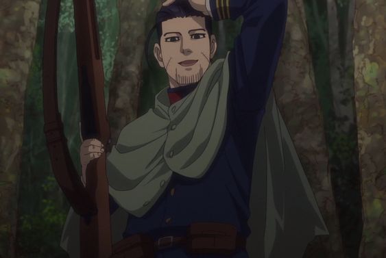 a smiling man stands in a forest. he is wearing a dark blue militarystyle uniform with a brown belt and a green cape. he is holding a rifle in his left hand and touching his hair with his right hand. the lighting is soft and the perspective is at eye level.