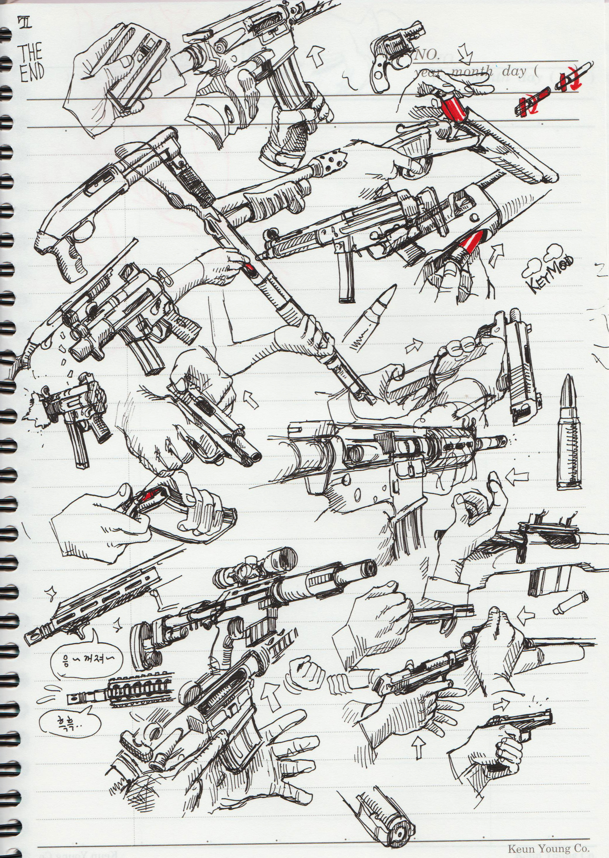 a chaotic and complex pen and ink drawing featuring multiple guns held by hands in various poses. it is a fastpaced and dynamic illustration, showing different types of firearms in a variety of actions. the sketch is filled with detail, with every gun and hand rendered with precision. there are words in korean and english scattered throughout the page, adding to the drawing's edgy and mysterious feel. the overall impact is one of energy, intensity, and perhaps even a touch of danger.