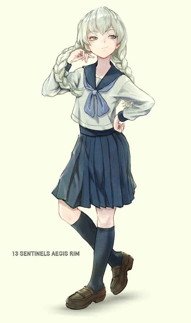 an anime girl in a school uniform, wearing a white blouse with a blue sailor collar, a blue pleated skirt, black socks, brown shoes, and her hair in two white braids, is standing with her right hand on her hip and her left hand behind her head, with a slight smile on her face. she is in a casual, relaxed pose. the background is a simple white.  the image is titled "13 sentinels aegis rim" and likely features a character from that game.