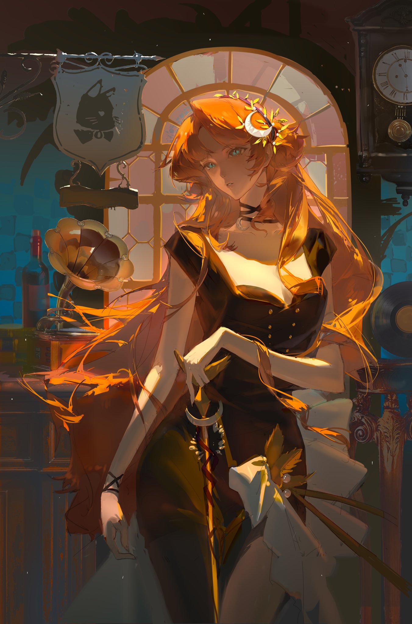 the image is a digital painting or illustration of a young woman, styled in an anime or fantasy art fashion.  she has long, flowing orange hair adorned with what looks like sun and moonshaped ornaments. she's wearing a dark, elegant dress with gold accents and appears to be standing in a dimly lit bar or tavern. the setting includes an antique clock, a gramophone, and other vintagelooking details. the overall style is warm and atmospheric, with glowing highlights that accentuate her hair and the ambiance of the bar. the woman's expression is serene yet enigmatic.  the art style is highly detailed and painterly, creating a visually rich and compelling scene.