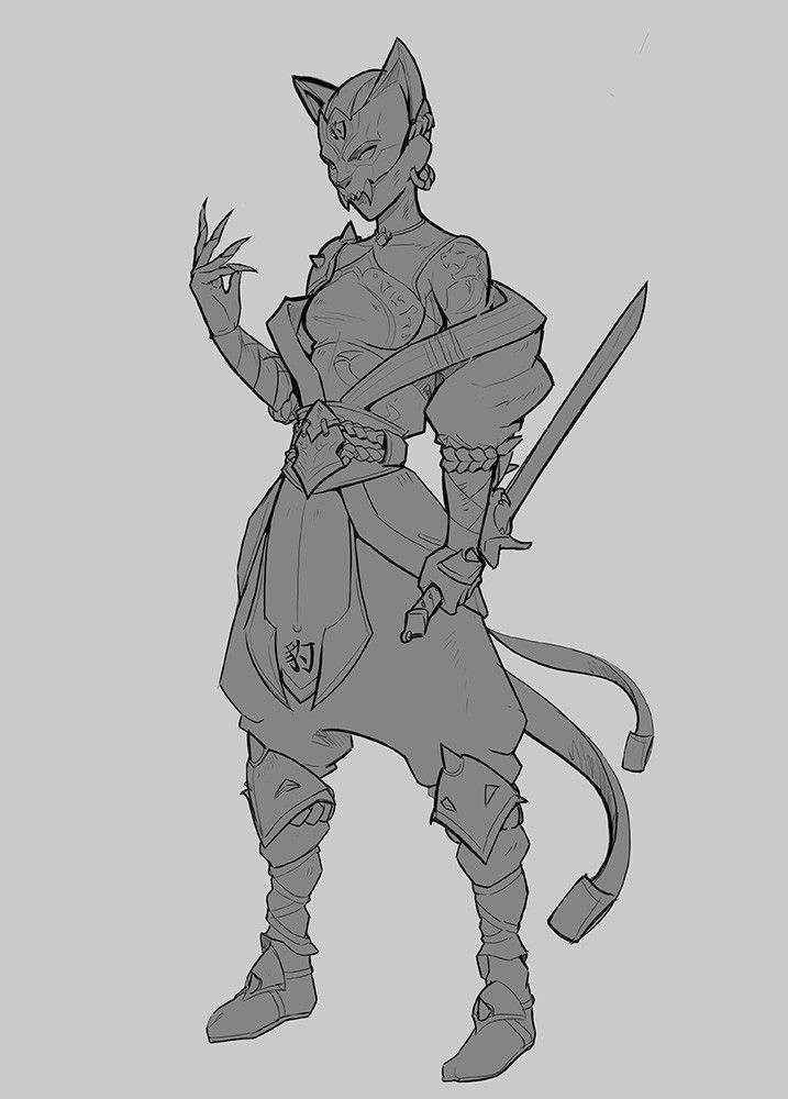 the image is a grayscale line drawing of a female character. she appears to be a fantasy warrior or ninja, with features suggesting a catlike or feline aesthetic. she wears a mask resembling a cat's face, and her attire is a blend of traditional japanese clothing and armor. she wields a katana, her stance is confident and poised. the style is reminiscent of anime or manga, with clean lines and a dynamic pose that conveys strength and grace. the drawing is a concept sketch or preliminary illustration, lacking strong shading or color.