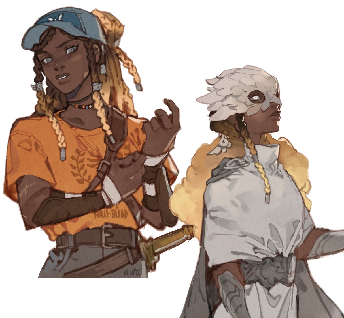 the image shows an illustration featuring two versions of the same black woman character. the character on the left wears a blue baseball cap, an orange tshirt with a symbol on it, a beaded necklace, and has braids with blonde highlights and metal bands. she has a sword tucked into her belt. the character on the right is wearing a white owl mask, white clothing, a gray cape, and armor on her arms. her braids are also highlighted blonde. the artist's signature "veluxi" is visible.