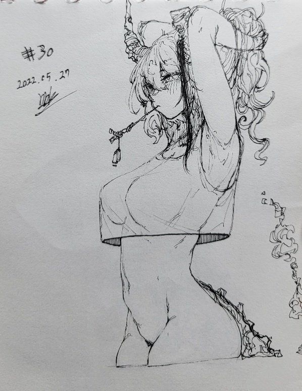 the image is a sketch of a girl in an anime style. she has horns, curly hair, and is wearing a crop top. her torso is exposed, and she is smoking a cigarette. there are hair ornaments in her hair.