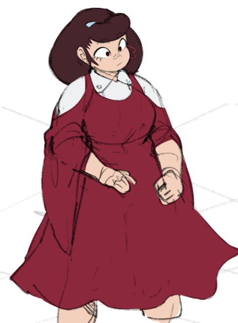 a cartoon woman with black hair wearing a red dress with white shirt and standing smiling.