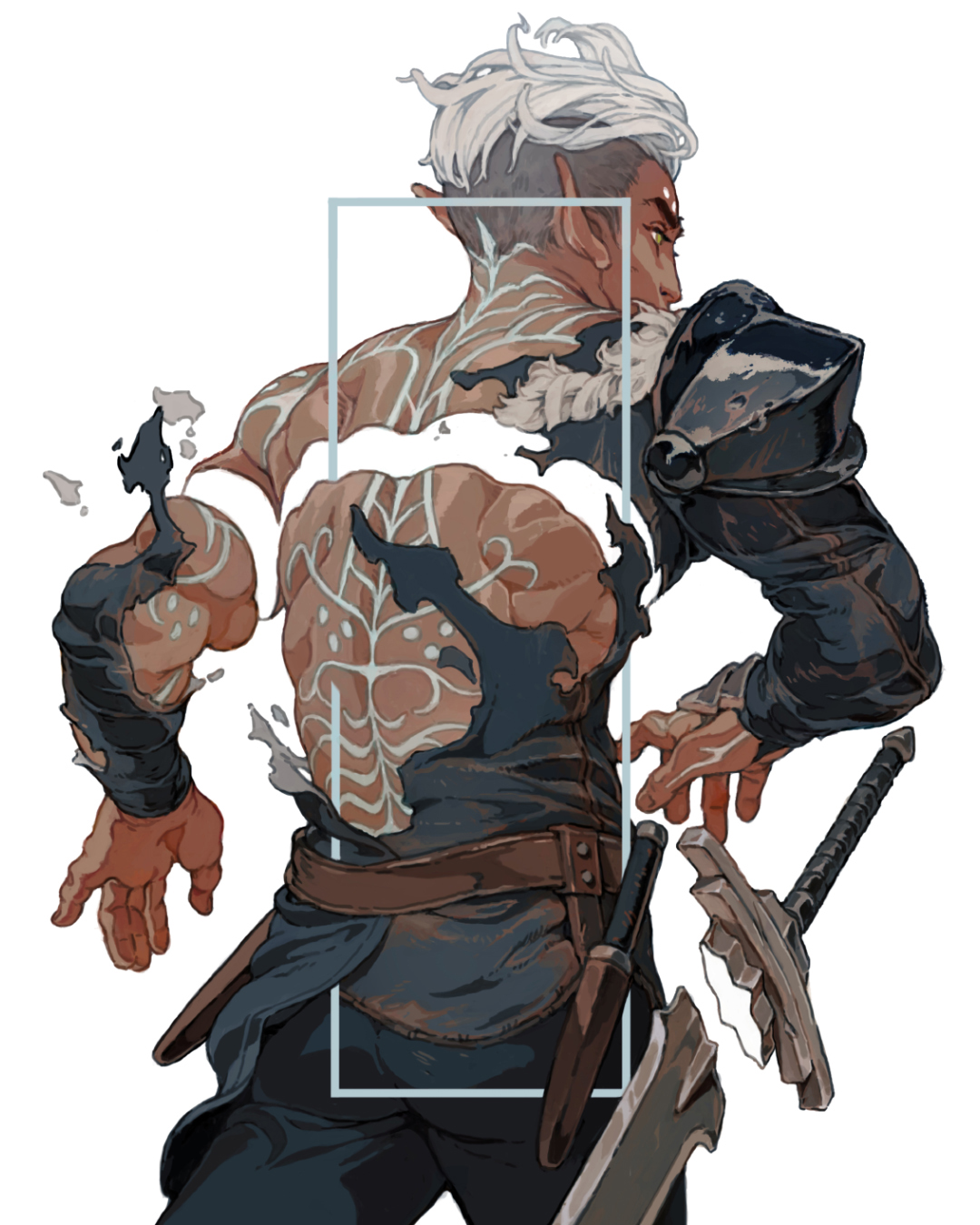 a male elf warrior in a fantasy setting. he has white hair and grey eyes. he is wearing a leather belt and has a sword on his back. he is holding a dagger in his right hand and has a tattoo on his back and chest. his skin is torn, and he is muscular. his pose is strong and confident.
