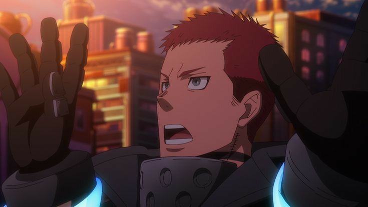 this is a drawing of a male anime character with red hair, wearing a black leather jacket, with an open mouth and surprised look on his face. he is in a city setting. the background is a city street, with tall buildings in the background. the character is in the foreground.