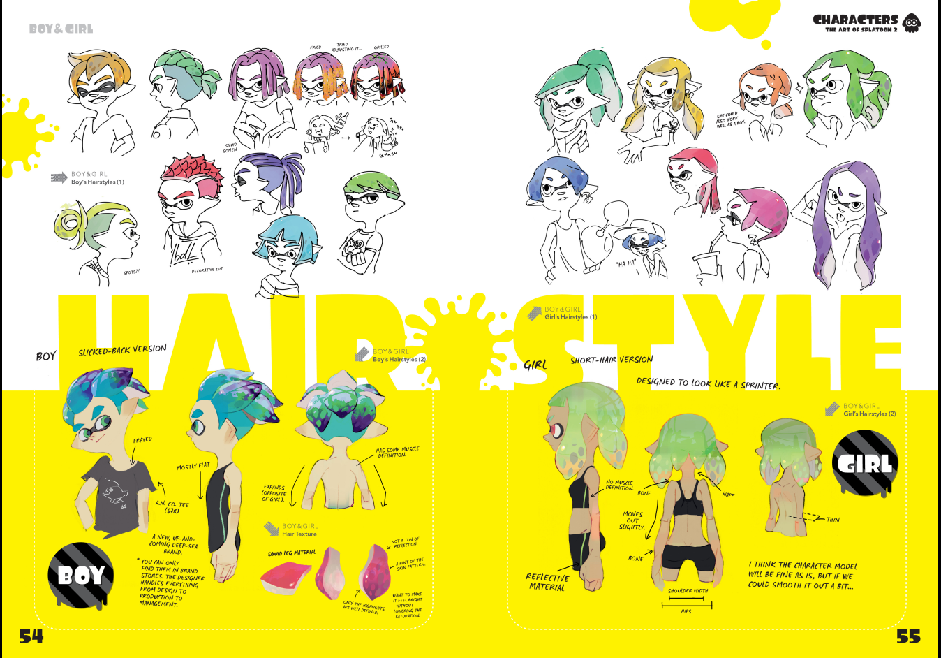 the image showcases concept art and character design explorations for the video game splatoon 2. it focuses on different hairstyles for both male and female inklings, the playable characters in the game.  the designs are presented on a bright yellow background with black and white accents.  each design includes annotations and notes from the artists, highlighting design choices and potential revisions.  the page emphasizes the creative process behind developing distinct looks for the game's characters, showcasing variations in hair, clothing, and overall silhouette.