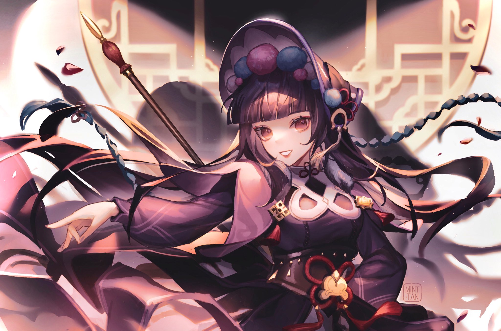 a young woman with long black hair and purple eyes is wearing a traditional chinesestyle dress and kimono. she is holding a sword and is smiling. she is posed against a white background. the image is an anime illustration.