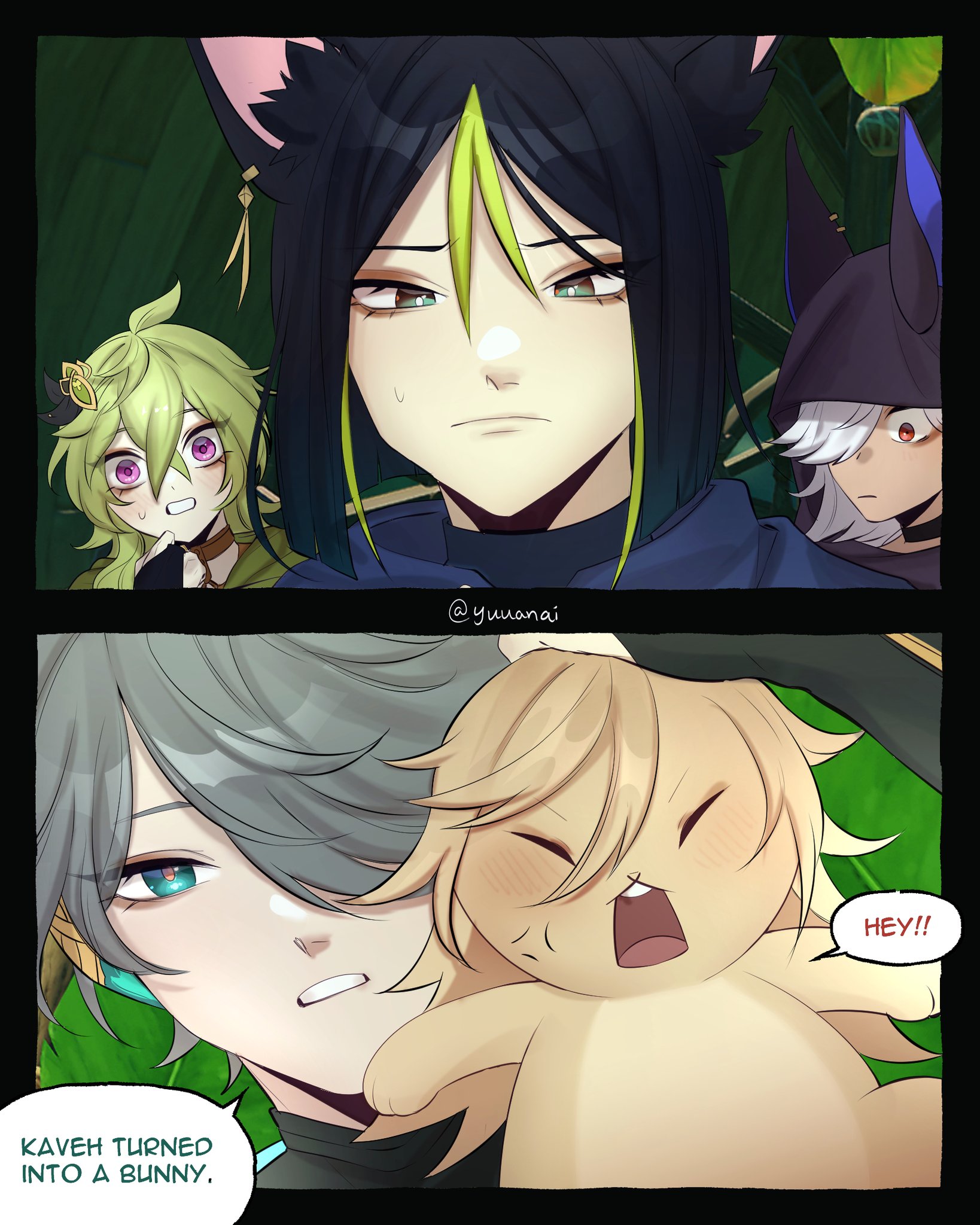 this is a digital drawing of the genshin impact characters albedo, kaveh, and cyno. albedo is looking shocked and surprised. kaveh is in a bunny form, while cyno is yelling "hey!" at the bunny. this is a funny illustration with good detail.