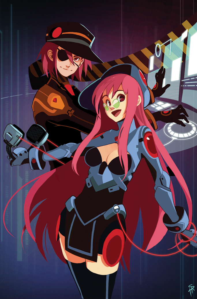 two animestyle girls are posing dynamically against a futuristic digital background. the girl in front has long pink hair, green eyes, and is wearing a revealing blue and black outfit with red accents. she has a headset on and is holding a microphone in her right hand. the girl in the back has shorter pink hair, a black hat, and is wearing a black and orange outfit with a visor covering her eyes. she is holding a microphone in her left hand. the background is dark purple with bright blue and white digital lines and shapes. the overall lighting is bright and neon, creating a futuristic and energetic atmosphere.