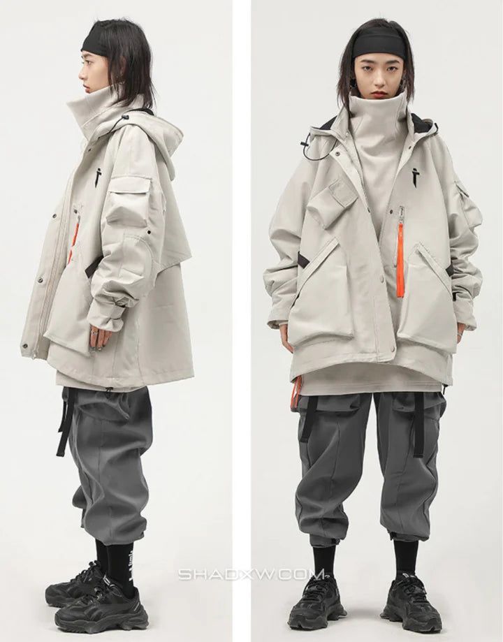the image shows two models wearing identical grey cargo pants, white jackets and black sneakers. the models are looking stylish and trendy with their casual street style outfits. both models are wearing matching black headbands.  the outfits are perfect for a casual and stylish look.