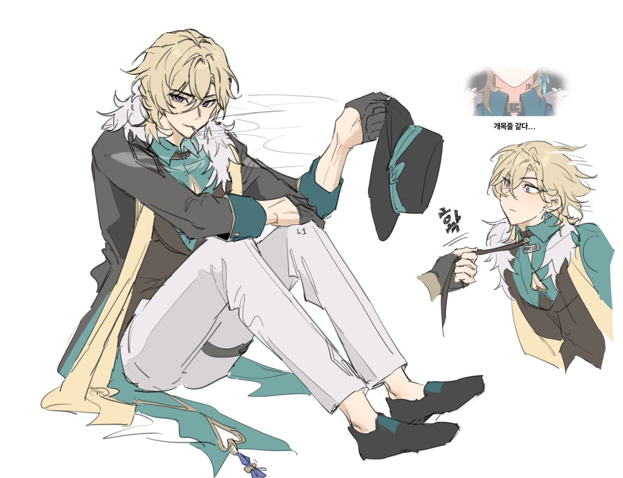 this is a digital drawing of a male anime character. he is wearing a black jacket, white pants, a blue scarf, a black hat, and glasses. he is sitting on the ground with his hat in his hand.  there is a small image of the same character in the upper right corner of the image, also sitting and looking sad.  he is also wearing a black jacket, white pants, a light green shirt with a white collar, and a white fur collar.