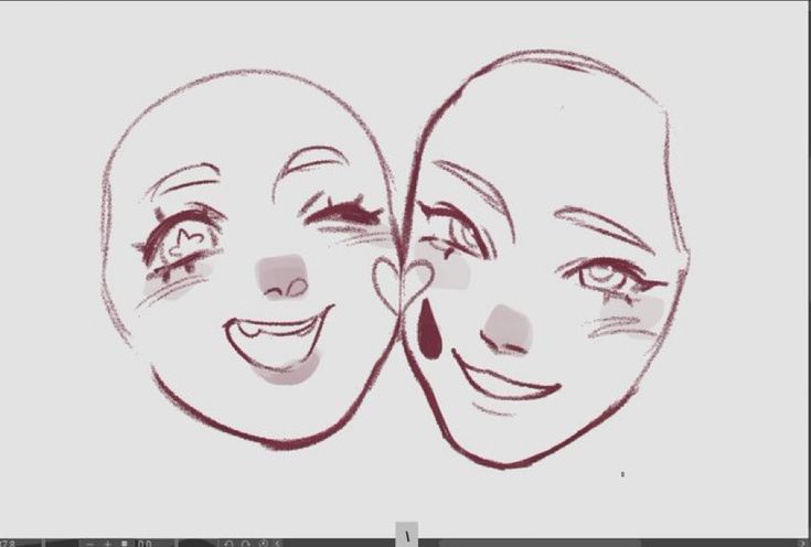 a drawing of two animestyle faces, one smiling brightly and one with a tear falling down their cheek. both are drawn in a simple, sketchy style. they appear to be touching cheeks, suggesting a close connection. the drawing uses a limited color palette, primarily red and black, highlighting the contrast between the two expressions.