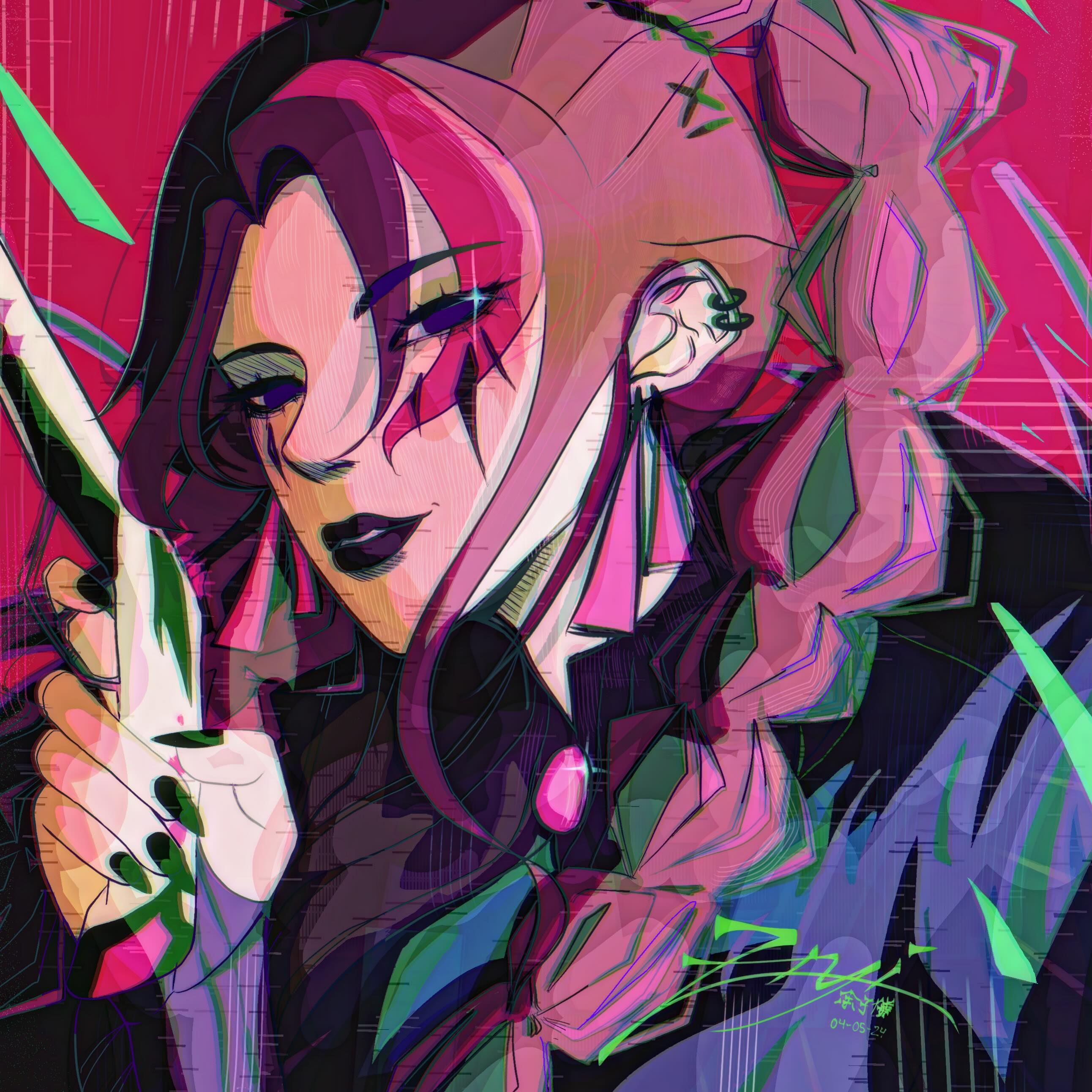 the image is a digital illustration of a stylized anime or mangastyle female character.  she has vibrant pink and purple hair, styled in an updo, and is wearing a dark, almost cyberpunkinspired outfit with a high collar.  she holds what appears to be a gun in her hand. the art style is bold and graphic, using strong lines, shapes, and a vibrant color palette with neon accents.  a glitch effect is prominently featured throughout the piece, adding to the cyberpunk aesthetic. the overall mood is dark, edgy, and confident. the character's expression is serious and intense. the artist's signature is visible in the bottom right corner.