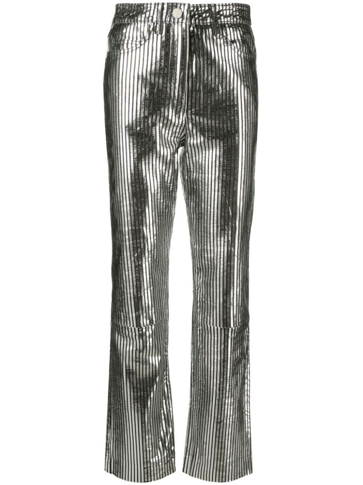 a pair of high waisted, wide leg, silver pinstripe pants.