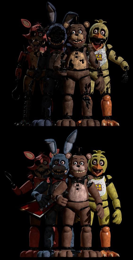 the image shows two nearly identical renderings of the five main animatronics from five nights at freddy's, standing in a group. the animatronics are freddy fazbear, bonnie the bunny, chica the chicken, foxy the pirate fox, and golden freddy.  the only difference between the two images is the position of their arms. the top image shows them with their arms by their sides, while the bottom image shows them with their arms outstretched as if ready to grab someone.