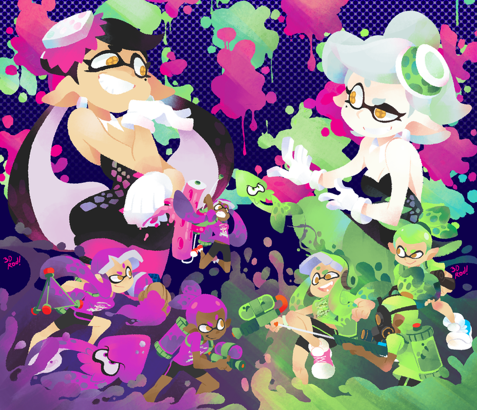 this is a digital illustration of a group of squid girls from the popular video game "splatoon." the illustration is done in a bright, colorful anime style with bold lines and vibrant colors. the squid girls are all posed in action poses, holding weapons and splattering ink. the background is filled with colorful splatters of ink, creating a dynamic and energetic scene.  the image features several different colors, including pink, green, blue, black, white, and yellow. the girls are all wearing colorful outfits, and their expressions are full of energy and excitement.