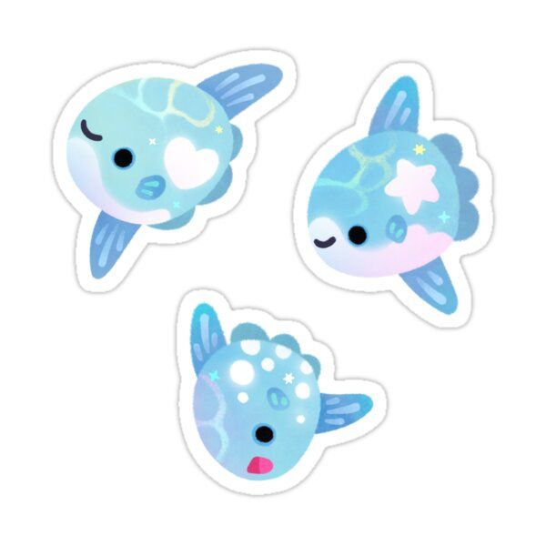 he image contains three adorable cartoon illustrations of ocean sunfish (mola mola). each sunfish has a unique design with pastel blue color palette and small sparkly details. they are presented as individual stickers on a white background. the style is cute, kawaii, and whimsical.