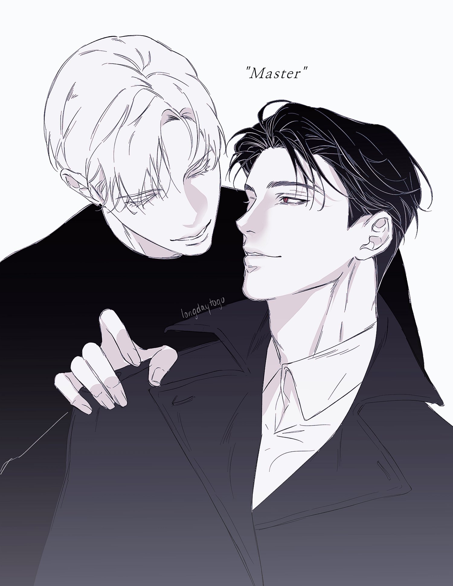 the image is a monochrome illustration, likely fanart, depicting two young men in a close, intimate embrace. the style strongly suggests a yaoi (boys' love) manga or anime aesthetic. one man, with short, lightcolored hair, is gently touching the other, who has dark hair styled neatly back.  the man with dark hair appears more formally dressed in a collared shirt and coat; his expression is calm and possibly submissive. the other man's expression is softer, perhaps suggesting a dominant role. the word "master" is subtly included in the background, further hinting at the power dynamic between the characters. the overall mood is romantic and suggestive. the artistic style is clean and refined.
