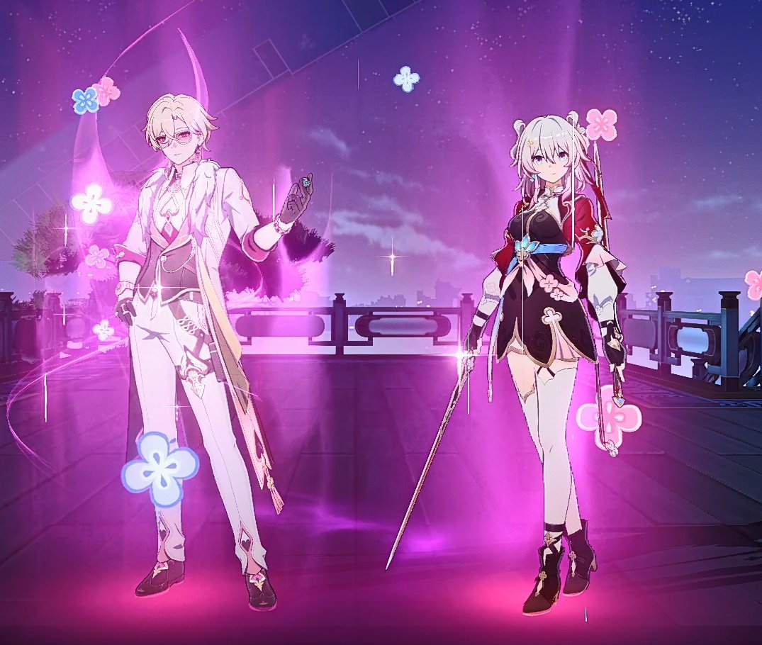 the image showcases two genshin impact characters, a male and a female, standing in a magical setting with a backdrop of a city at night. the male character, with his lightcolored hair, a white coat, and spectacles, holds a glowing orb in his hand. he has a friendly, slightly mischievous smile on his face, which adds to his charm.  the female character, with her long white hair and a red and black attire, holds a sword and her expression is confident, with a playful glint in her eyes. both characters are glowing with magical effects in vibrant shades of pink, purple, and blue, creating a visually appealing and enchanting ambiance. the background is a mix of a city's nighttime skyline with bridges and water, and the sky is filled with sparkling stars, further enhancing the magical and otherworldly atmosphere. the image overall represents a cheerful and playful interaction between the two characters, highlighting their personalities and the fantastical setting of genshin impact.