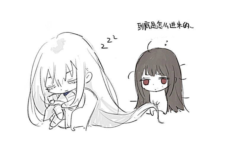 the image shows two anime girls, one with white hair and the other with black hair. the girl with white hair is sleeping while the girl with black hair looks sad and distressed. both girls are drawn in a chibi style.  the whitehaired girl is embracing the blackhaired girl, possibly attempting to comfort her.  the blackhaired girl appears to be shedding a tear, symbolizing her sadness.