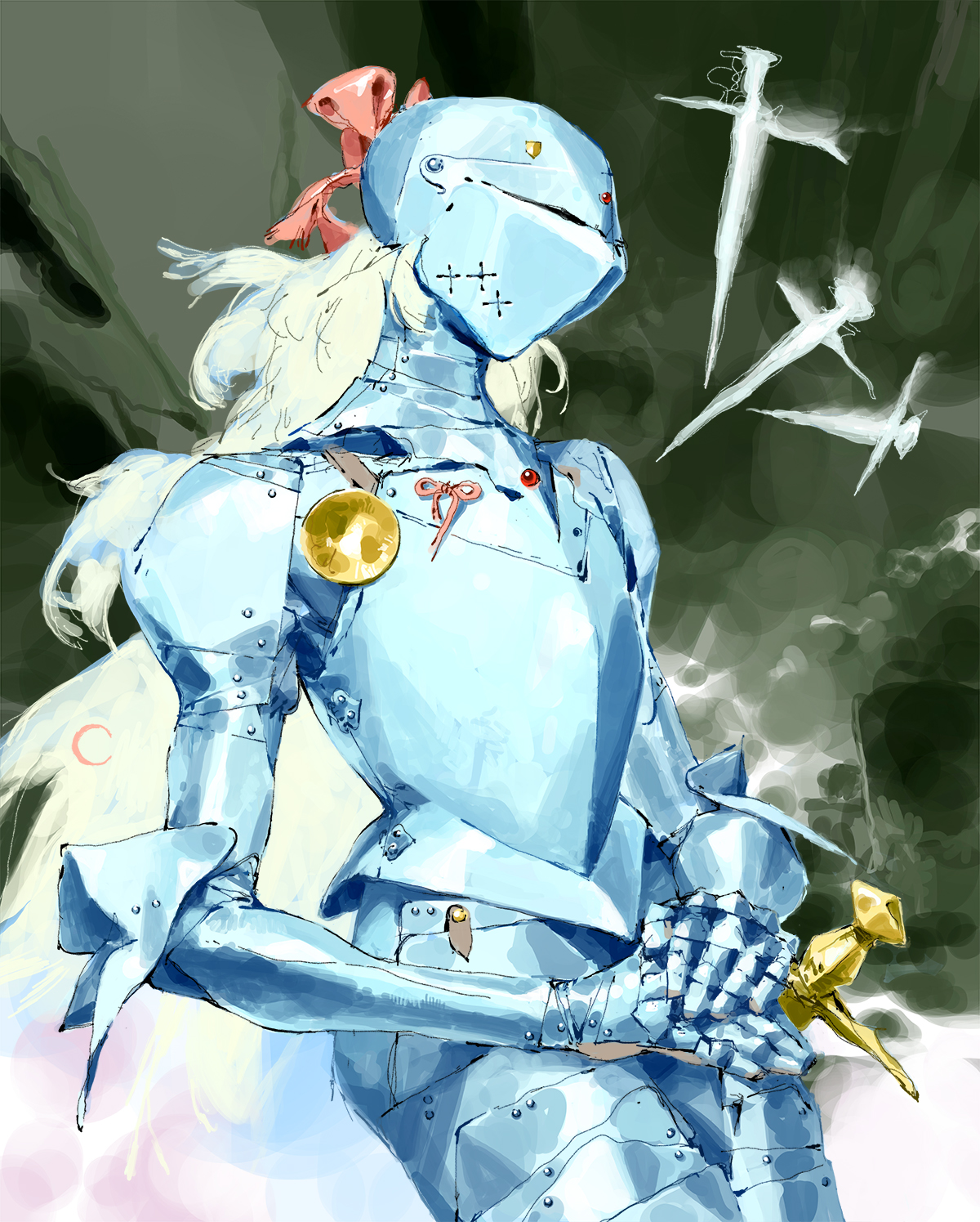 the image showcases a female knight, depicted in an anime style, clad in shining blue armor. she stands against a softly painted backdrop, her long blonde hair cascading over her shoulder. a pink ribbon adorns her helmet, adding a touch of femininity to her otherwise imposing appearance. she holds a sword, her posture conveying both strength and serenity.
