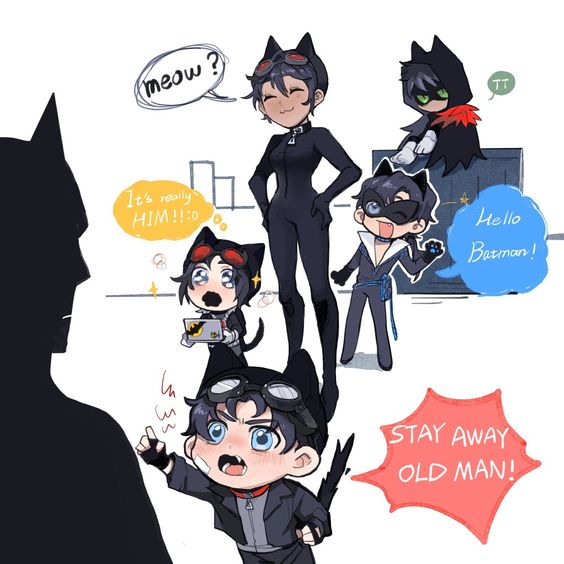 the image shows a humorous take on the batman family, depicted in a cartoon style.  batman, a shadowy figure, observes a group of catwoman and four miniature robins, each with catlike features like ears and tails. one robin excitedly points out batman as "him!!", while another protectively warns him to "stay away old man!" catwoman, striking a confident pose, seems amused by the situation. the scene implies a humorous dynamic between the characters, suggesting a scenario where catwoman and her "kittens" are causing mischief for the stoic batman.