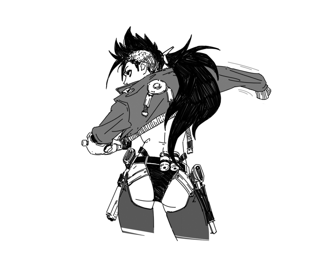 the image is a black and white drawing of a female anime/manga character. she is depicted from the back, with her body turned slightly to the side, showcasing a dynamic pose.  her clothing style is futuristic, incorporating a short jacket, a revealing outfit, and holstered guns. her hair is styled in a short, spiky mohawk. the overall aesthetic is edgy and actionoriented, suggestive of a cyberpunk or scifi setting. the style is reminiscent of graphic novel or comic book art, with bold lines and shading.