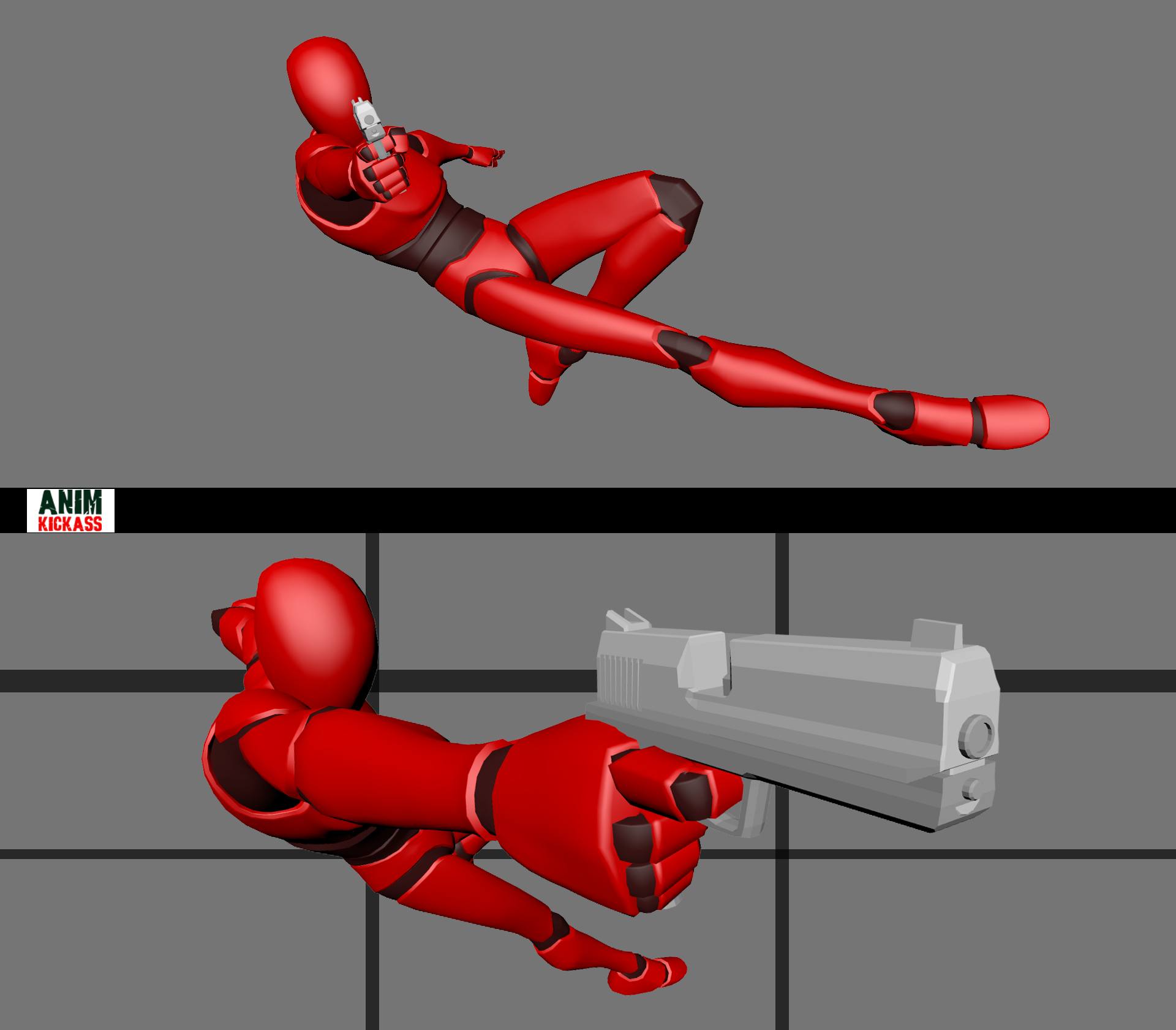 the image shows a 3d rendering of a red humanoid figure in two different action poses, both holding guns. the top figure is airborne, dynamically posed with legs extended and a smaller gun aimed forward. the bottom figure is also in a shooting pose, with a larger, gray gun pointed directly at the viewer, set against a gray, tiled background. the image has the logo "anim kickass" in the top left corner.