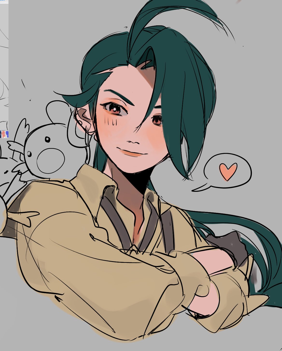 a digital illustration of a boy with long, dark teal hair, wearing a tan shirt, is smiling with his arms crossed and blushing cheeks. he has an axolotl plush toy on his shoulder and a small pink heart speech bubble to his right. the drawing is in a colorful anime style, rendered in soft lines and warm lighting.