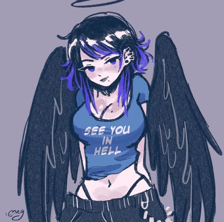 an anime girl with black wings and a halo stands with her back turned to the camera, looking over her shoulder. she is wearing a blue shirt that says "see you in hell". she has black pants and a black bra strap showing. the background is purple.